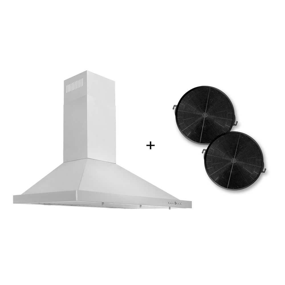 ZLINE Kitchen and Bath 30  Convertible Wall Mount Range Hood in Stainless Steel with Set of 2 Charcoal Filters, LED lighting and Baffle Filters