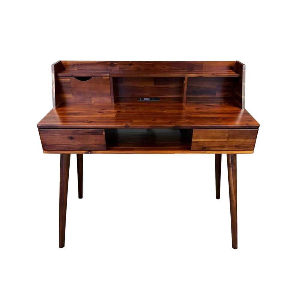 39 in. Mahogany Acacia Wood Laptop Desk with Charging Station