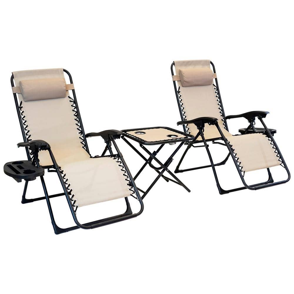 3-Piece Zero Gravity Taupe Metal lawn Chair Set – 2 Chairs with Cupholders and Table